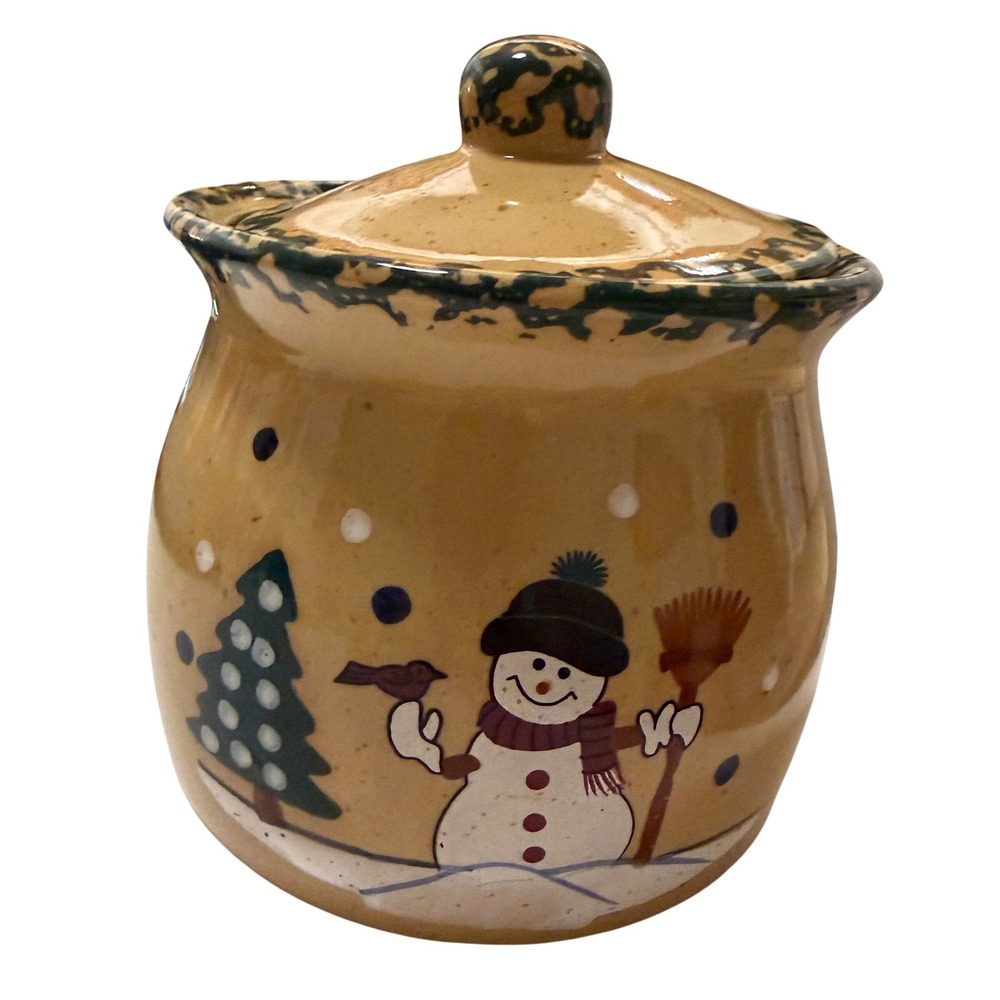 LTD Commodities Snowman Ceramic Canister Tan Green Winter Holiday Cookie Jar